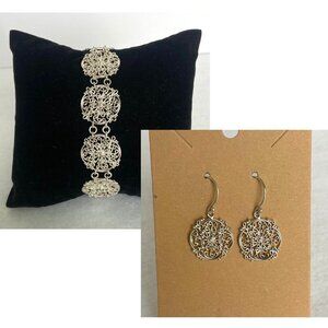 Sterling Silver 925 Round Scrollwork Filigree Link Bracelet & Dangle Earring Set